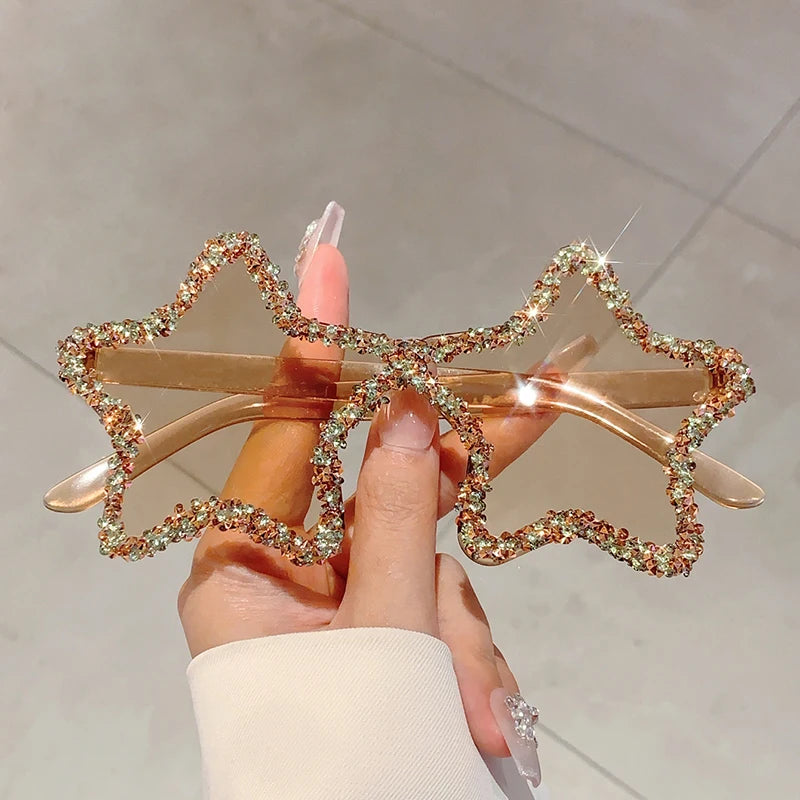 KAMMPT Chic Stars Design Pink Shades – Women Rhinestone Shiny Trendy Sun Glasses | Holiday & Beach INS Brand