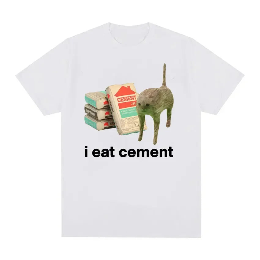 “I Eat Cement” Cursed Cat T-Shirt | Funny Meme Women’s Short Sleeve Casual Top