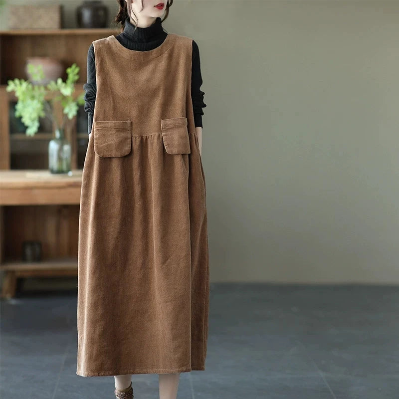 Artistic Corduroy Overall Dress for Women – H-Line Casual Wear, Medium Stretch Comfortable Autumn Season Single Piece