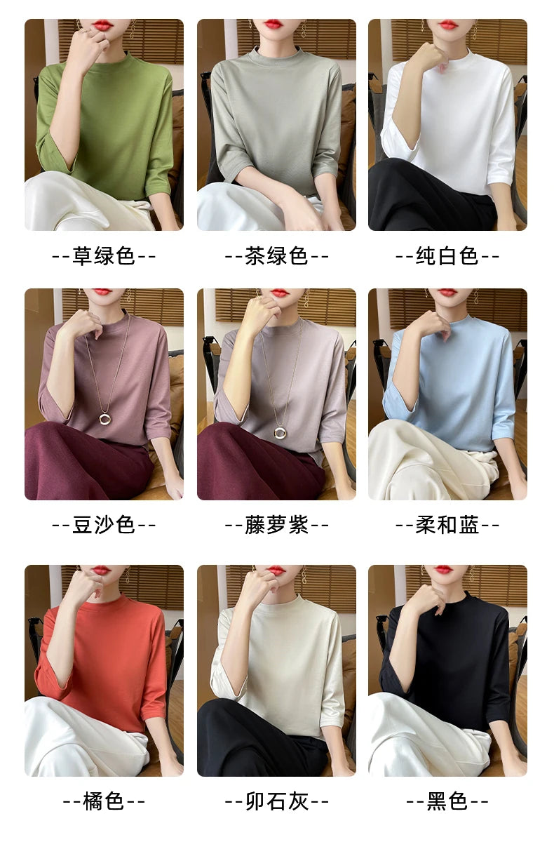 Women’s Cotton T-Shirt | Semi-High-Neck Cropped Sleeve Top | Loose Solid Color Summer & Autumn Bottoming Tee