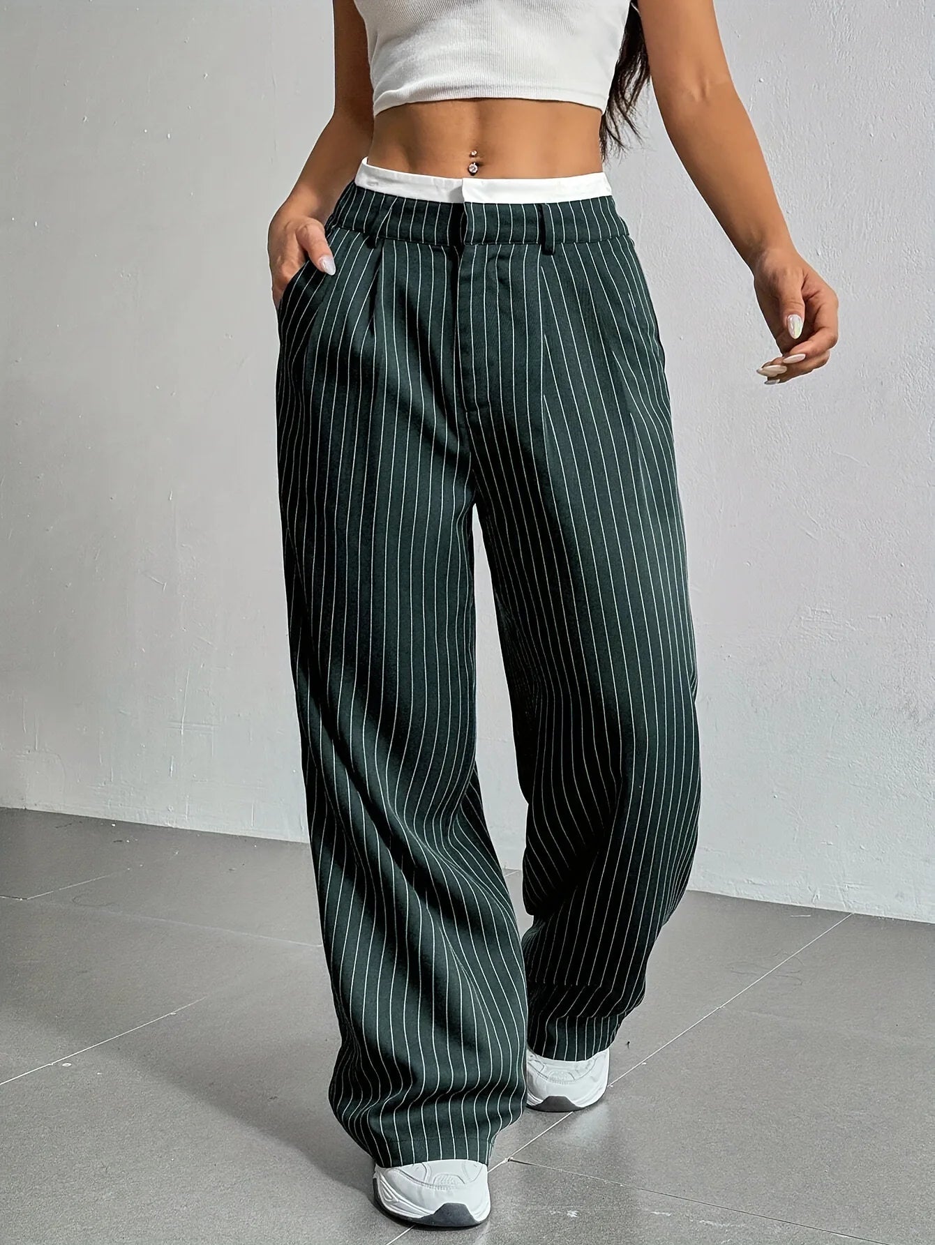 Women’s High Waist Straight Leg Pinstripe Trousers | Office & Casual Striped Dress Pants with Pockets
