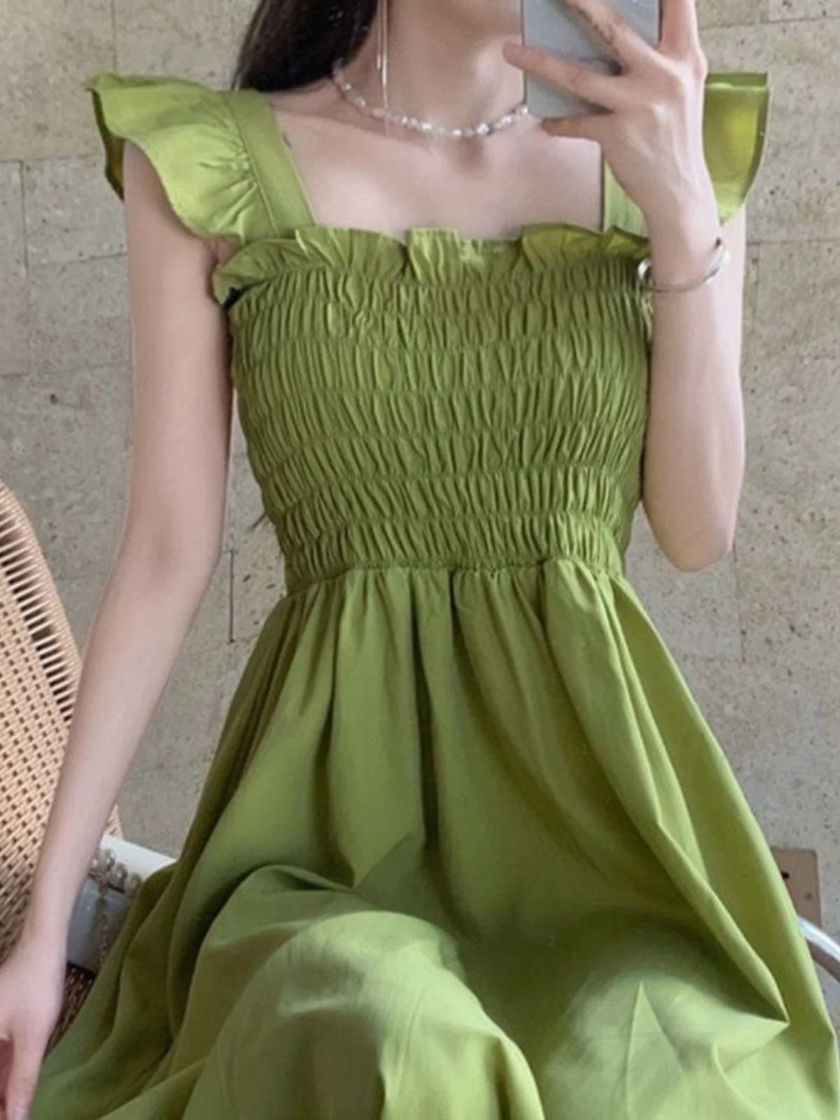☀️ Summer 2025 Elegant Hepburn-Style Tea Break Midi Dress 👗 Gathered Waist, Short Sleeve, Square Collar Pleated A-Line Dress 🌸