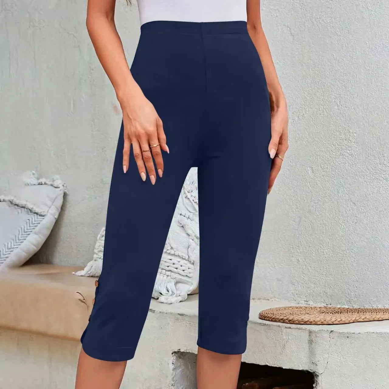 Women’s High-Waisted Elastic Mid-Calf Pants | Seven-Foot Trousers with Button Detail | Comfortable Base Layer Clothing
