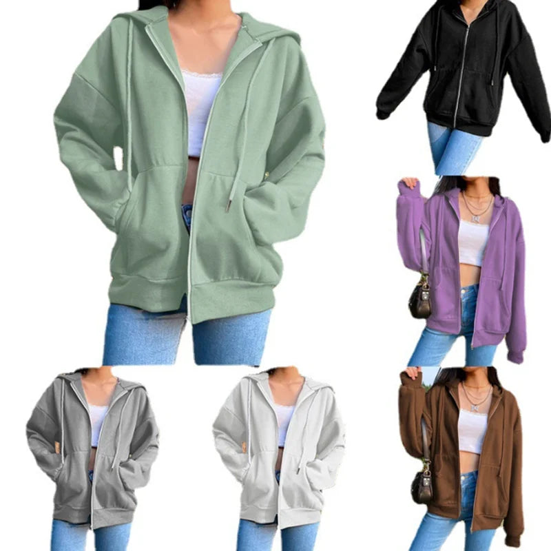 2025 Women Zip-Up Sweatshirt Jacket | Fashionable Long Sleeve Hoodie with Pockets | Casual Pullover Top