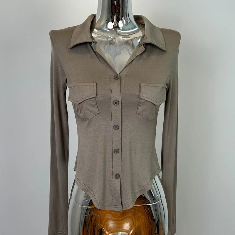 Sexy Button-Up Slim Fit Blouse – Women’s Early Autumn Korean Style Double Pocket Swing Top