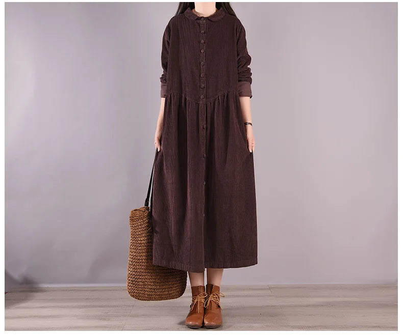 Retro Japanese Style Long Sleeve Corduroy Dress – Thick Fleece-Lined A-Line Winter Dress for Women | Solid Color