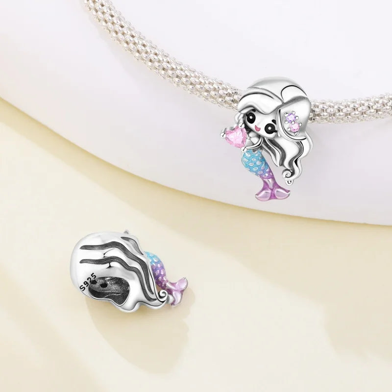 MISEFF 925 Sterling Silver Pink Mermaid Charms Beads | Fit Original Bracelet DIY Women Jewelry Gift