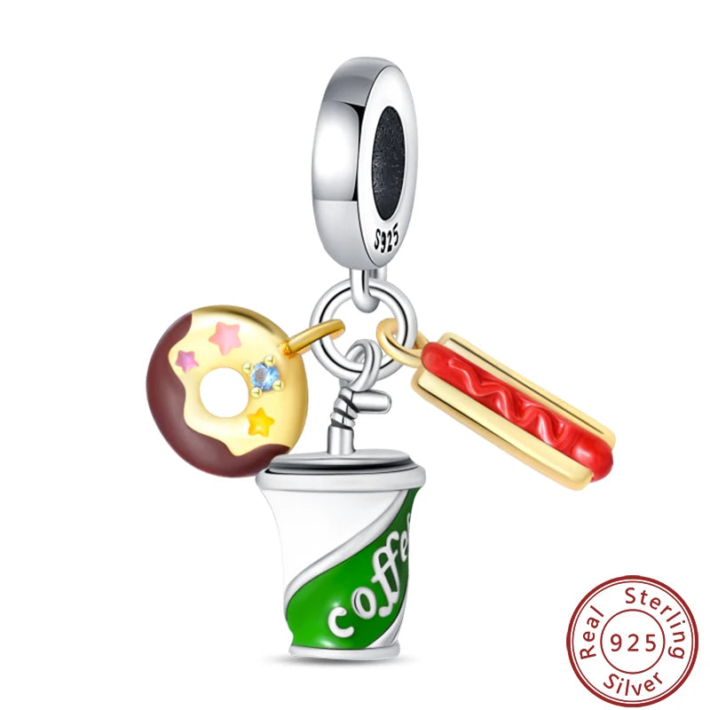 925 Sterling Silver Dessert Afternoon Tea Charm – Coffee, Cake, Pizza & Fries Beads Fit Original Pandora Bracelet DIY Jewelry