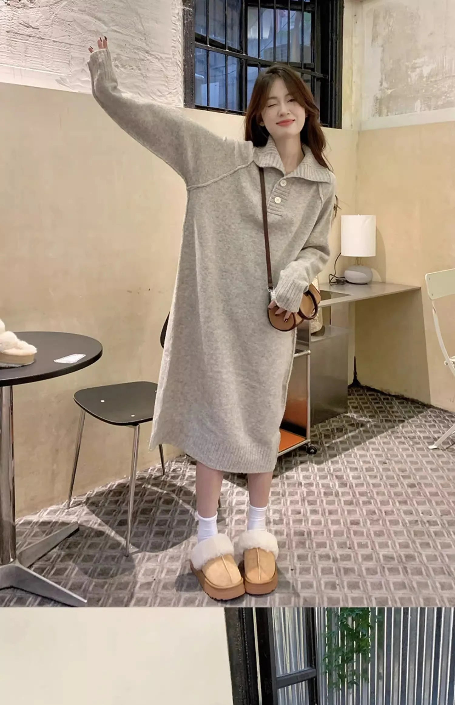 Women’s V-Neck Knitted Dress – Loose Fit Mid-Length Knee-Over Sweater Dress, Autumn Winter Base Layer Inner Wear