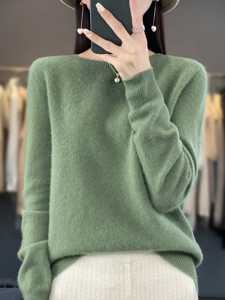 Women’s 100% Merino Wool O-Neck Cashmere Sweater – Autumn & Winter Casual Knitted Pullover 🍂🧶