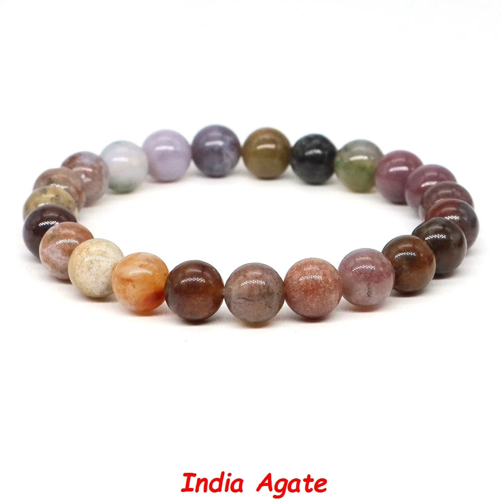 Natural Stone Healing Crystal Bracelet | Amethyst, Quartz & Agate Round Beads Elastic Stretch Bangle for Women & Men