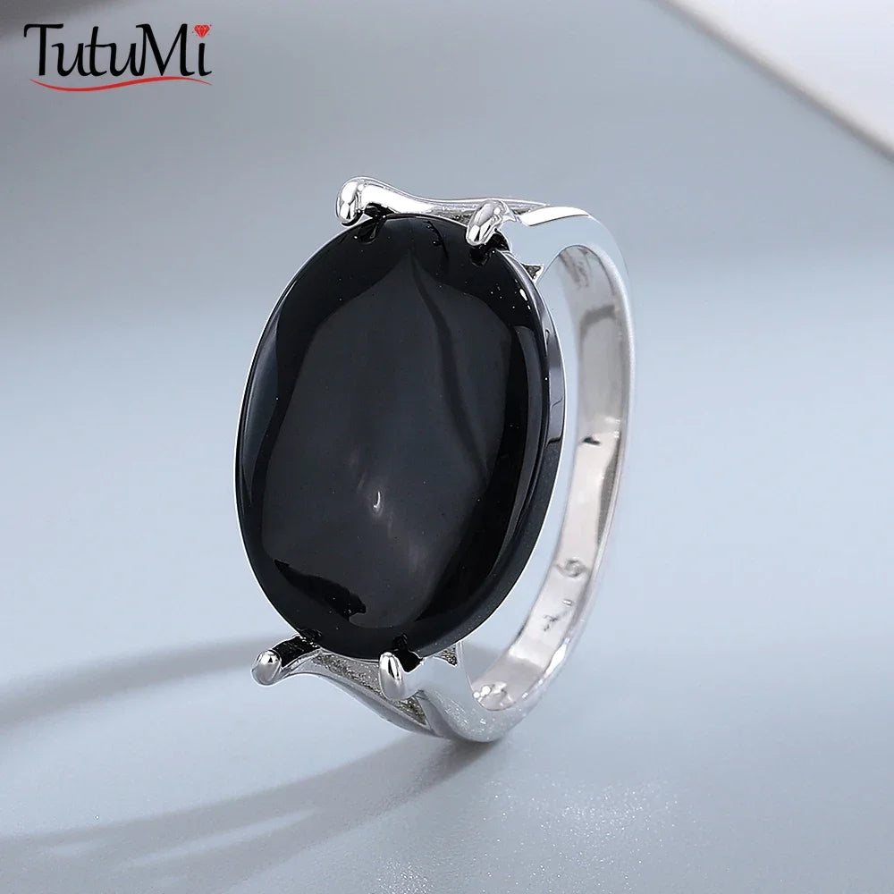 925 Sterling Silver Oval Black Agate Ring – Vintage Natural Gemstone Jewelry for Men & Women Party Gifts