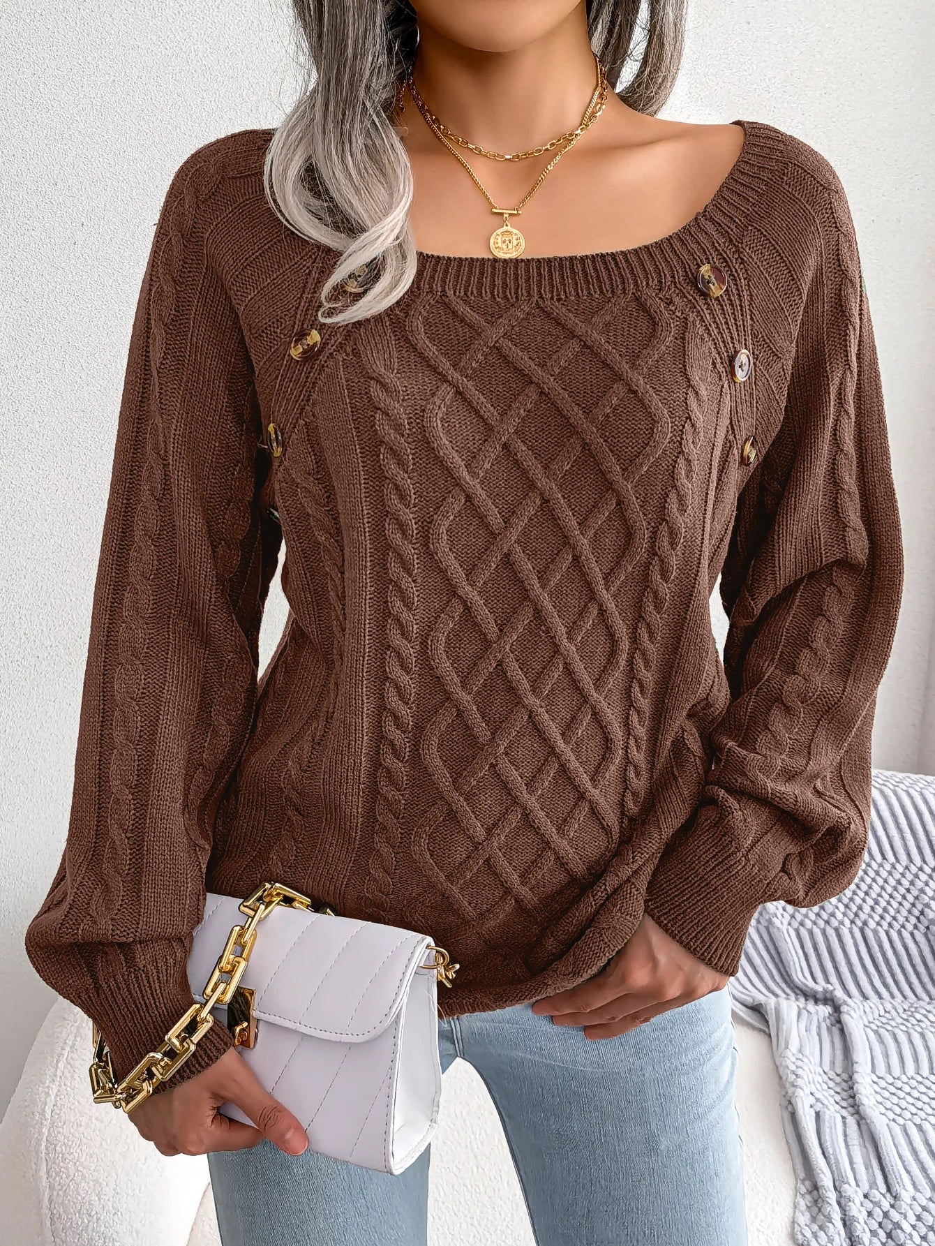 Women’s Casual Square Collar Knitted Pullover Sweater – Long Sleeve Autumn Winter 2025 Top