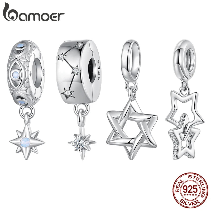 BAMOER 925 Sterling Silver Star of David Pendant | Polished Hexagram CZ Bead | Fits Original Bracelet DIY Jewelry Accessories