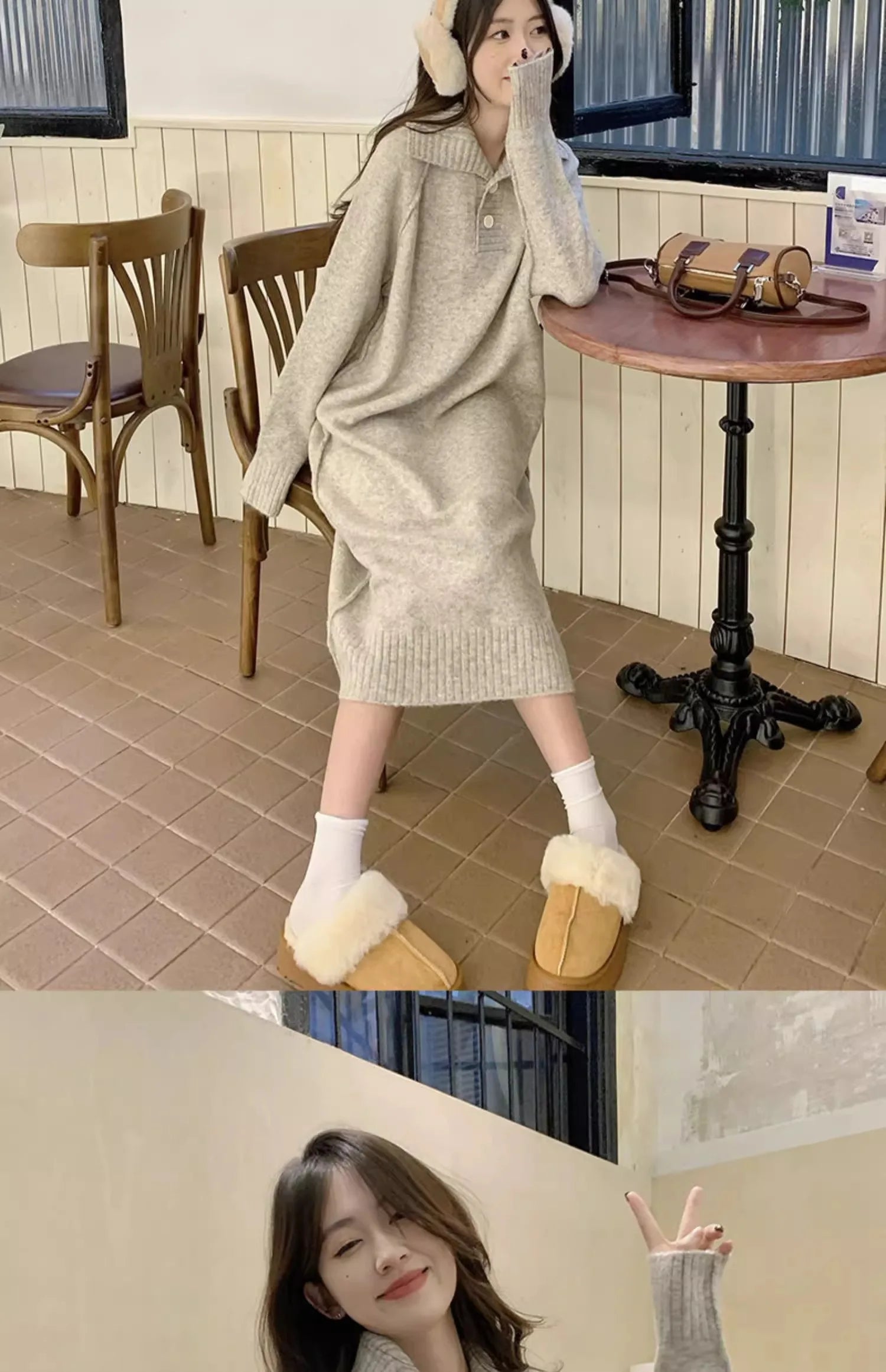 Women’s V-Neck Knitted Dress – Loose Fit Mid-Length Knee-Over Sweater Dress, Autumn Winter Base Layer Inner Wear