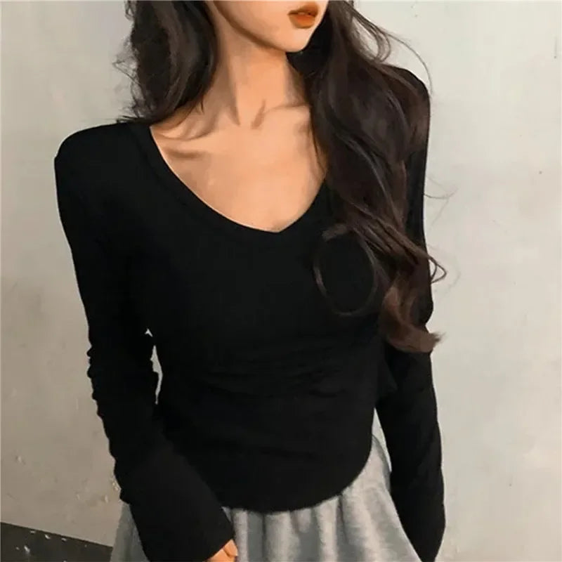 2024 Sexy V-Neck Long Sleeve T-Shirt for Women | Elastic Thin Solid Top for Spring & Autumn
