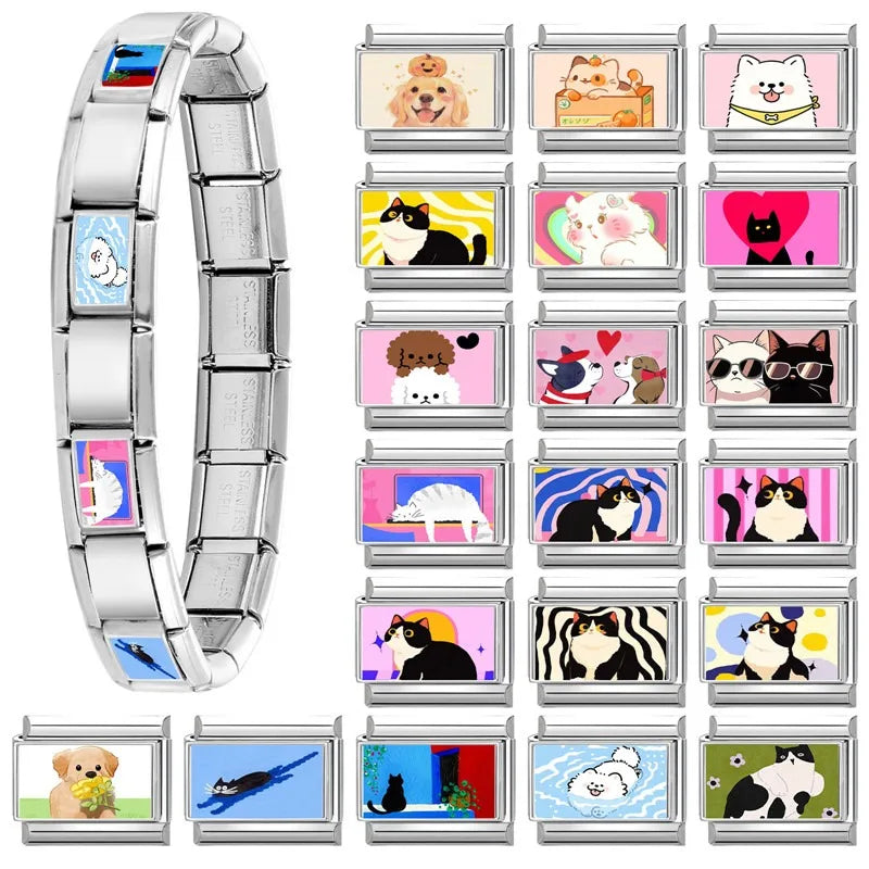 2025 Original Y2K Colorful Cute Cartoon Cats Dogs Italian Charm Links Fit 9mm Stainless Steel Bracelet Men Women DIY Making Gift