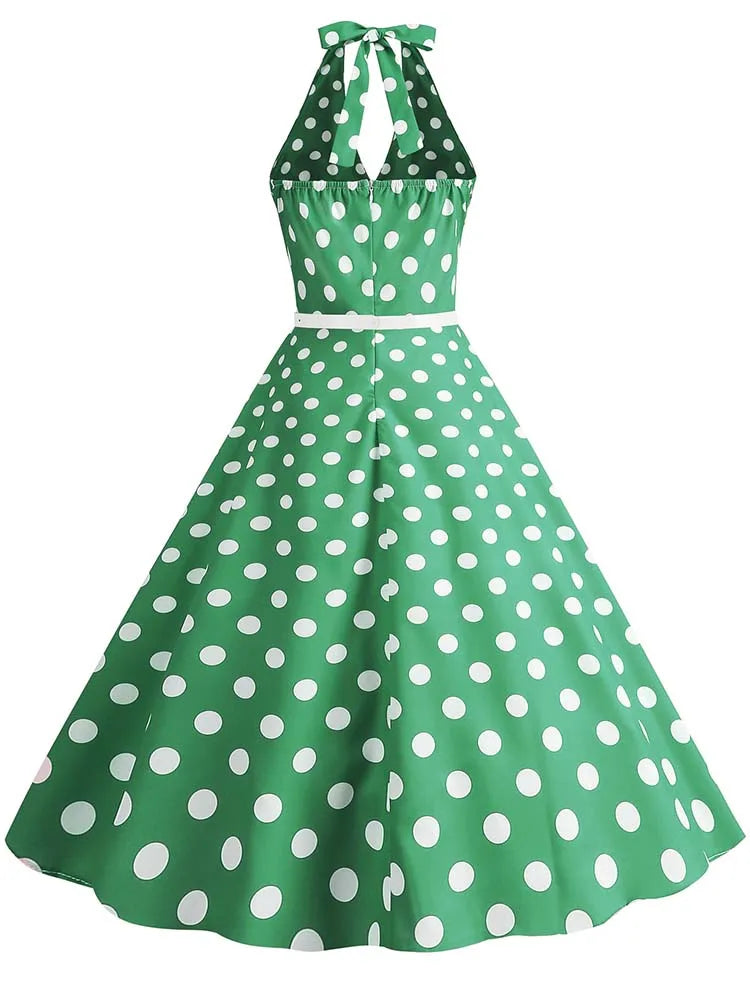Women’s Vintage Halter Party Dress – Summer Polka Dot Midi Cocktail Prom Elegant Dress