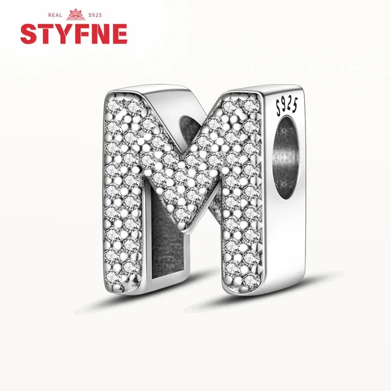 925 Sterling Silver Alphabet Letter Charm Beads with Shiny Zircon – A-Z Initial Beads for Pandora DIY Bracelet & Women’s Jewelry