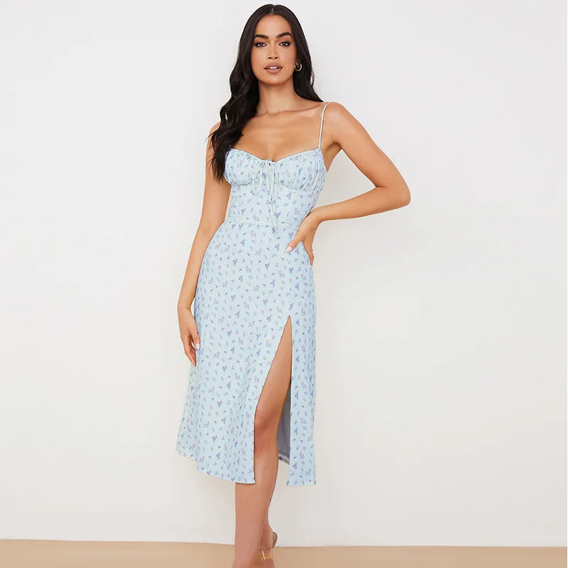 Womens Bandage Pleated Floral Dress Summer Clothes Aesthetic Clothing Elegant Party Sleeveless Backless Spaghetti Strap Dresses