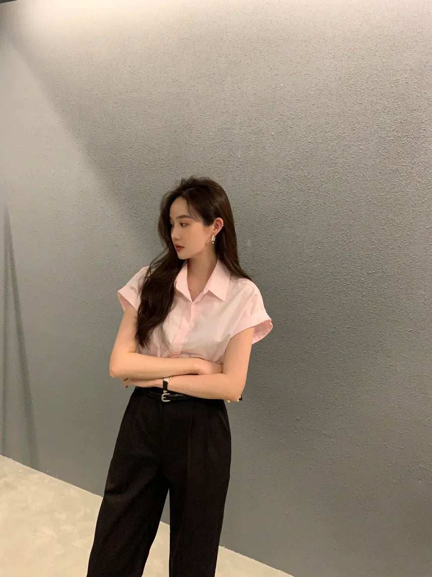 Chic Summer Loose Women’s Shirt | Classic Pure Color Professional Blouse with Small Lapel Collar