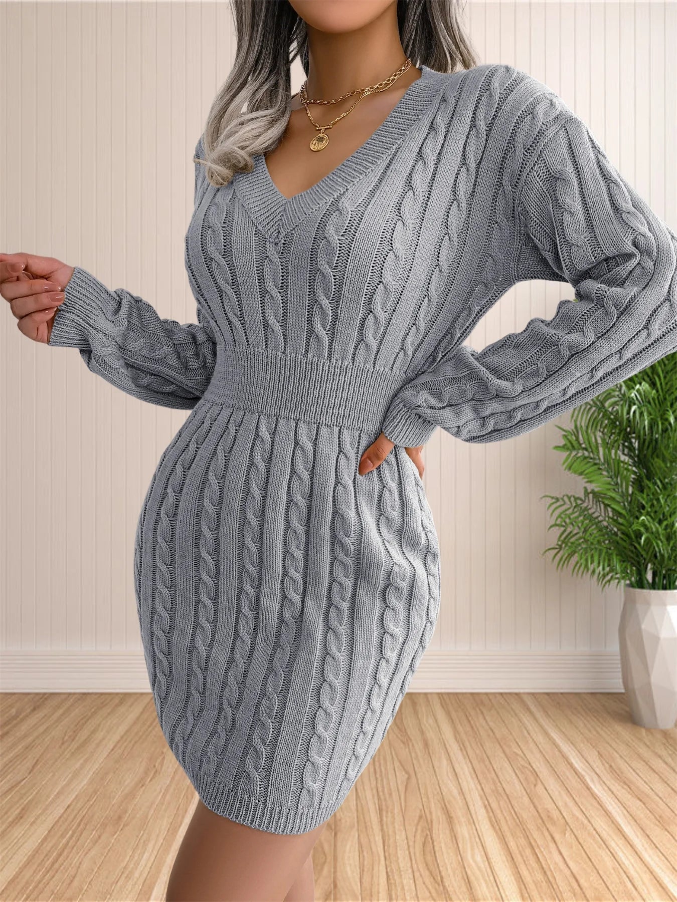 Women’s Sweater Dress – V-Neck Knitted Sheath Dress for Cocktail & Casual Wear