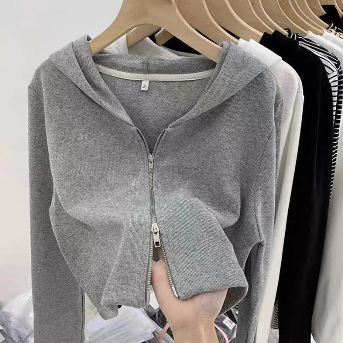 ✨ Design Sensation Women’s Short Knitted Hat & Double Zipper Cardigan 🧶 Pure Color Korean Style Long Sleeve Spring Autumn Fashion