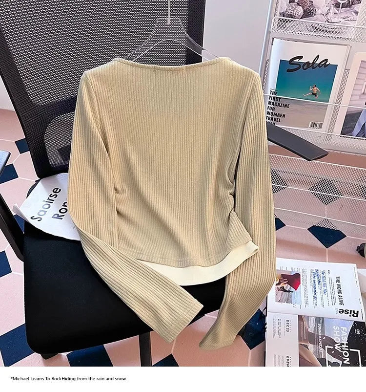 Unique Design Long Sleeve Slim Fit T-Shirt – Women's Plus Size Early Autumn Base Shirt, Korean Style Knitted Top