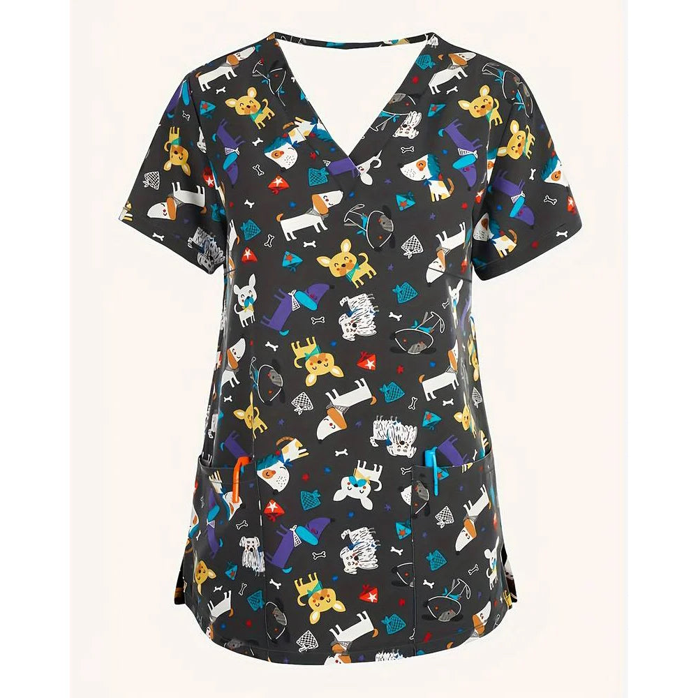 Women’s Medical Scrub Top – Cute Cartoon Print V-Neck Short Sleeve Nurse Dental Uniform 🩺🎀