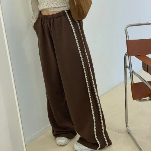 Chic Autumn Winter Loose Casual Pants – Color Block Side Stripe Floral Women Sweatpants Long Trousers