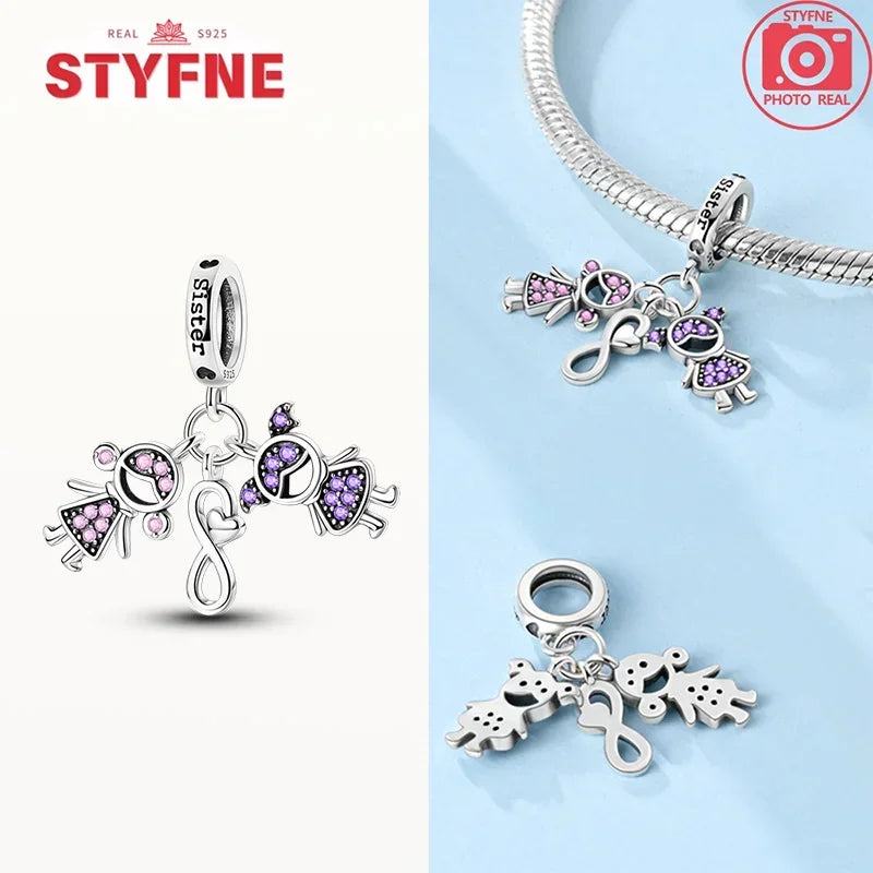 S925 Silver Forever Love Family Sister Heart Charm – Fit Original Bracelet DIY Jewelry Gift for Women & Friends