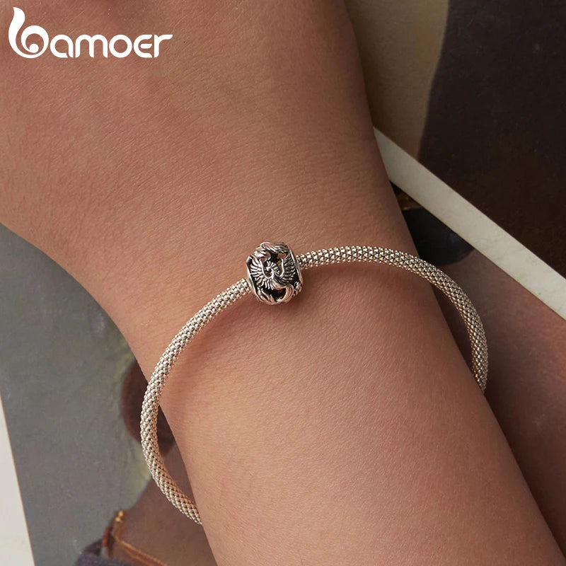 BAMOER 925 Sterling Silver Phoenix & Dragon Charm | Retro Hollow Round Bead | Fits Original Bracelet DIY Jewelry Accessories