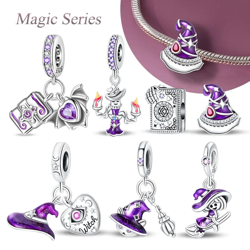 925 Sterling Silver Purple Witch Hat & Magic Book Charm – Halloween Beads Fit Original Pandora Bracelet DIY Jewelry Gift for Women