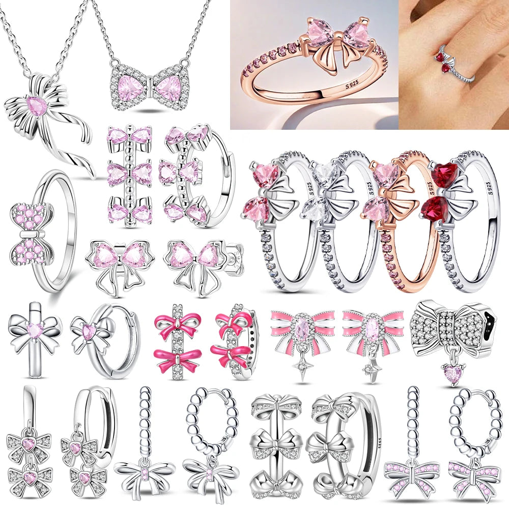 2024 New 925 Sterling Silver Bow Tie Jewelry Set | Zircon Ring, Earrings, Bracelet & Necklace for Women Gift