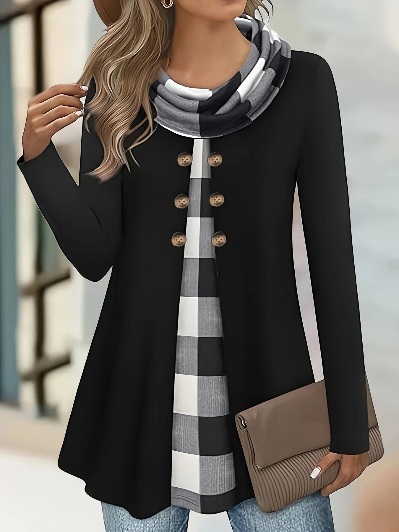 European & American Plaid Print Fake Two-Piece Plus Size Long Sleeve T-Shirt – Pleated Scarf Button Top 👚✨