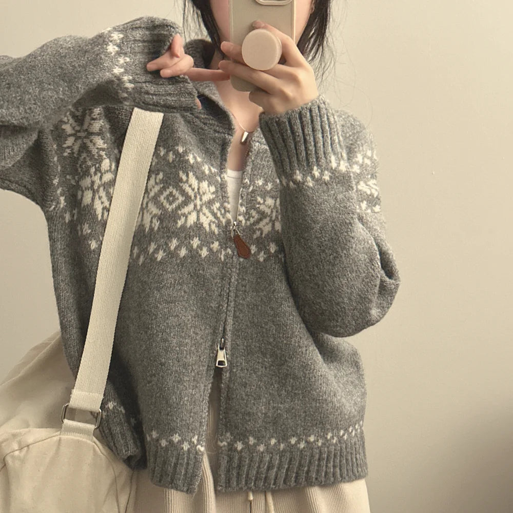 📚 College Style Knitted Sweater Coat for Women 🍂 Double Zipper Loose Fit | Autumn New Arrival Lazy Turn-Down Collar Top 🧥