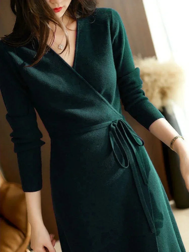 Autumn Winter Women’s Sweater Dress – V-Neck Wrap Knitted Skirt Korean Version Loose Elegant Dress