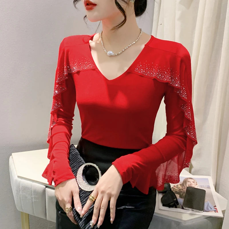 2025 Autumn Women’s Mesh Top – Korean Round Neck Ruffles & Diamond Detail Long Sleeve T-Shirt 🍂✨