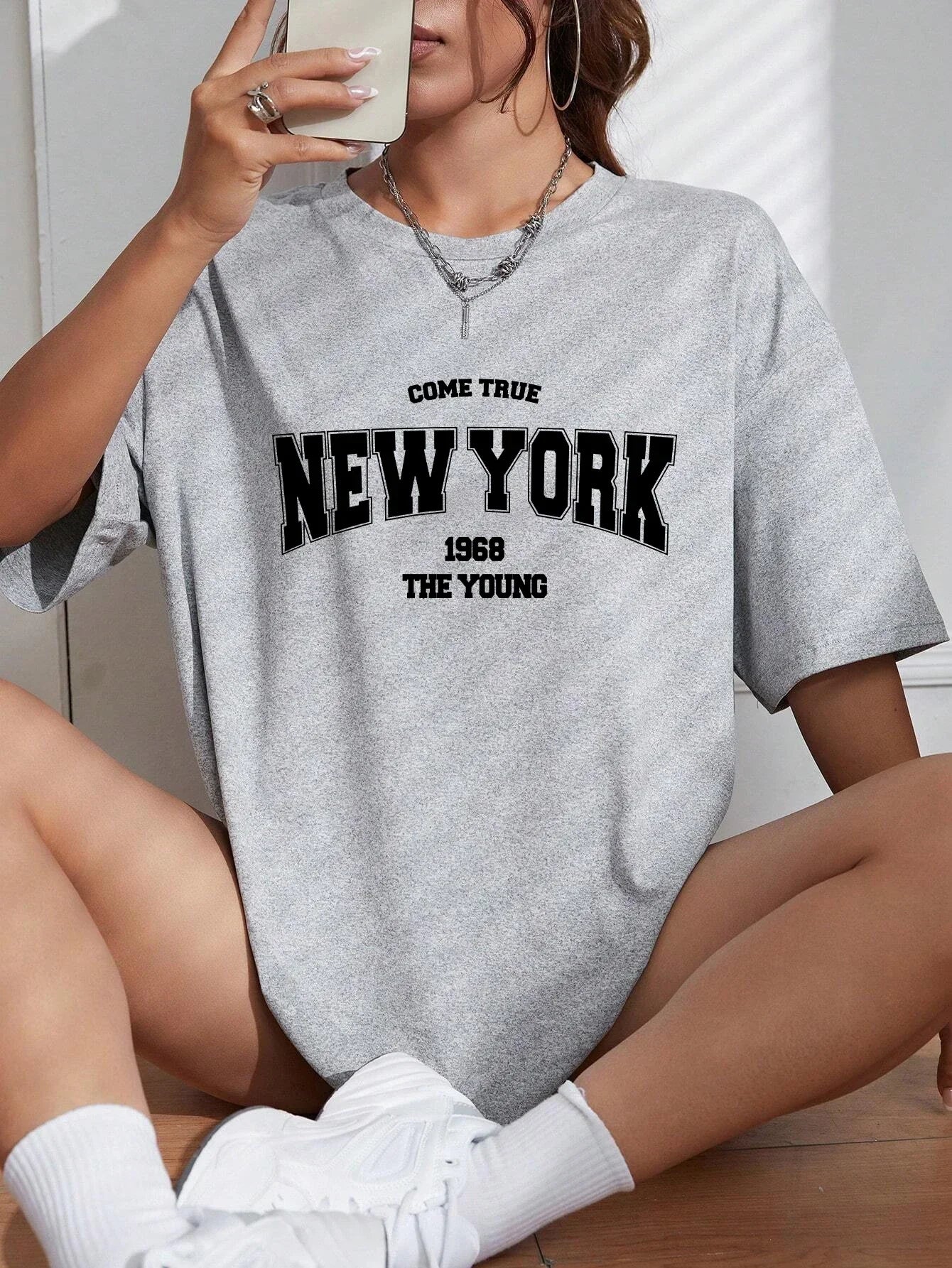 When 1968 New York Oversized T-Shirt for Women | Creative Streetwear Casual Top | Trendy Graphic Daily Tee