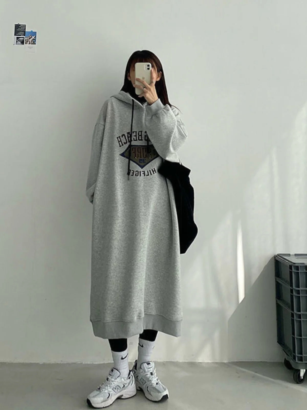 Plus Size Women’s Fleece-Lined Hoodie Dress – Lazy Sleeve Loose A-Line Skirt with Lettering | Autumn & Winter