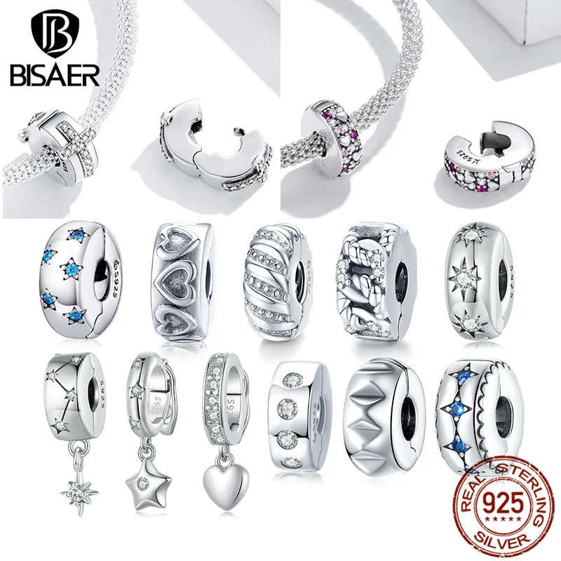 BISAER 925 Sterling Silver Clip Spacer Charm – Star & Cross Stopper Bead Fit Pandora Bracelet DIY Women’s Jewelry