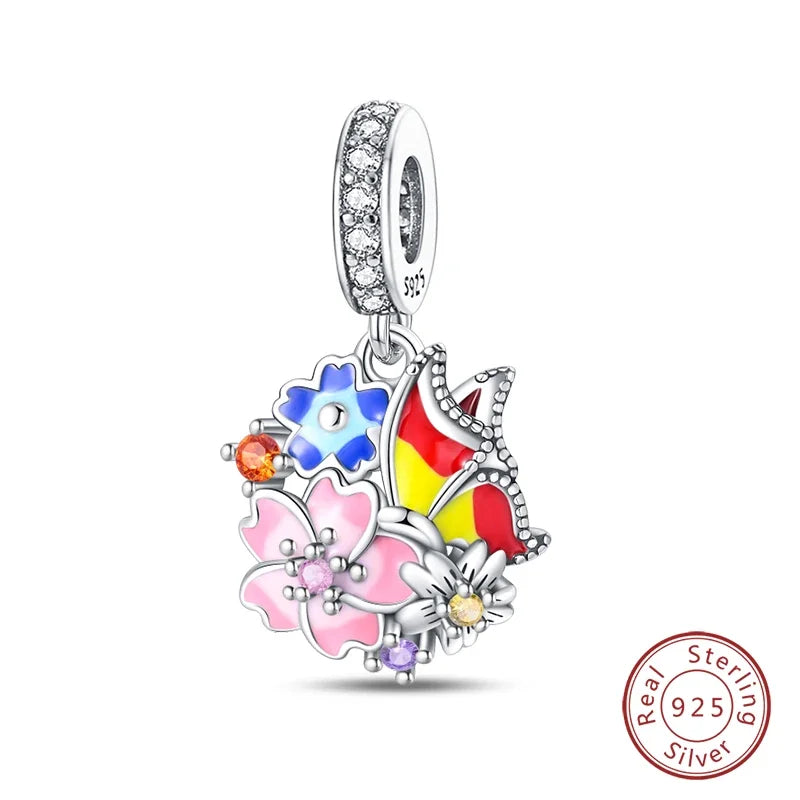 925 Sterling Silver Blue Series Charm | Dragonfly, Butterfly, Bird & Pansy Flower Pendant for 4MM Bracelet