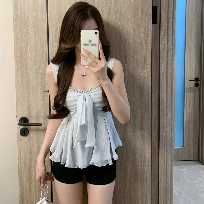Pure Desire Knot Strap Diamond Vest – Women’s Summer Outdoor Waist Cinching Sleeveless Top Blue