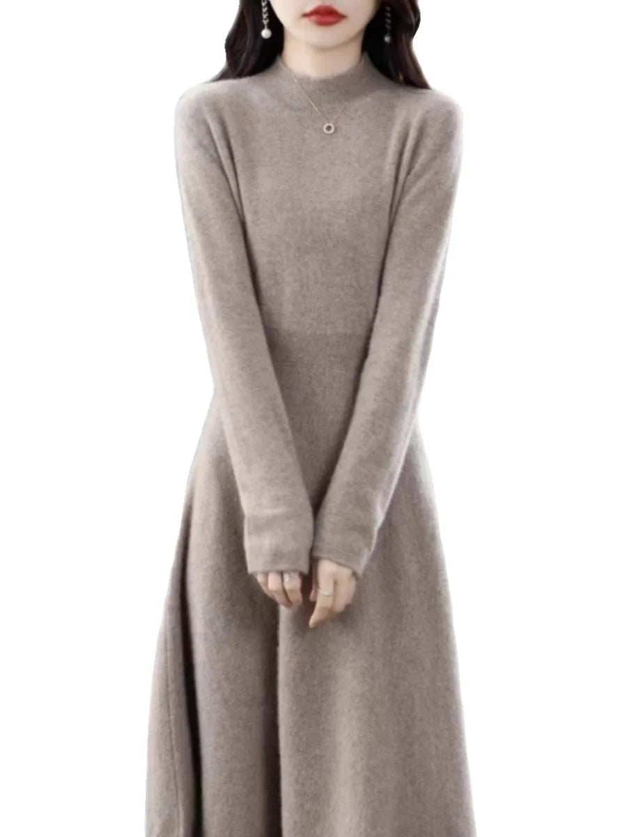 Women’s Mid-Length Knitted Wool Dress – High Collar Long Sleeve Casual Autumn Commute Dress for Ladies