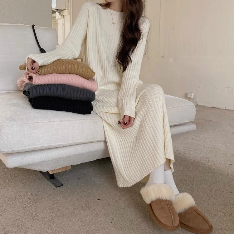 Plus Size Women’s Mid-Length Dress – Casual Round Neck Long Sleeve A-Line H-Line Skirt for Autumn Winter