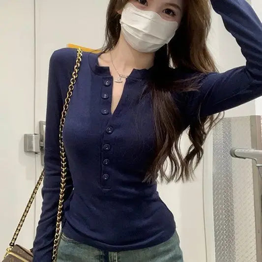 Slim Fit Long Sve T-irt Women's Autumn Winter New Sle f Open Collar Korean Sle Commute Sle Spicy Girl Top