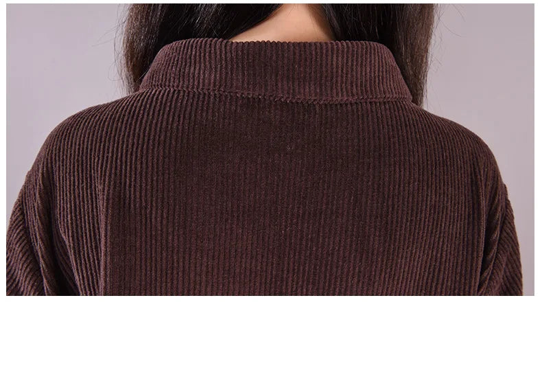 Retro Japanese Style Long Sleeve Corduroy Dress – Thick Fleece-Lined A-Line Winter Dress for Women | Solid Color