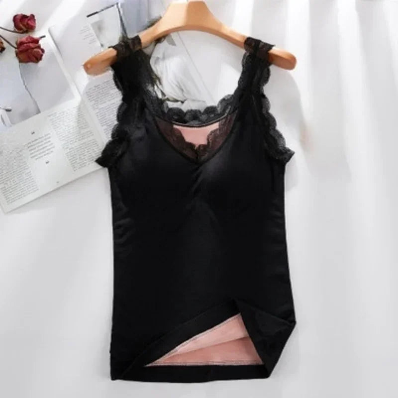 Plus Size Thermal Underwear for Women – Velvet Lace V-Neck Warm Slim Camisole 40-90kg ❄️💖