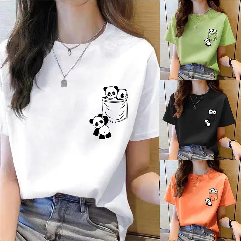 Women’s Summer Cartoon Panda Pocket T-Shirt – Loose Round Neck Short Sleeve Korean Fashion Top