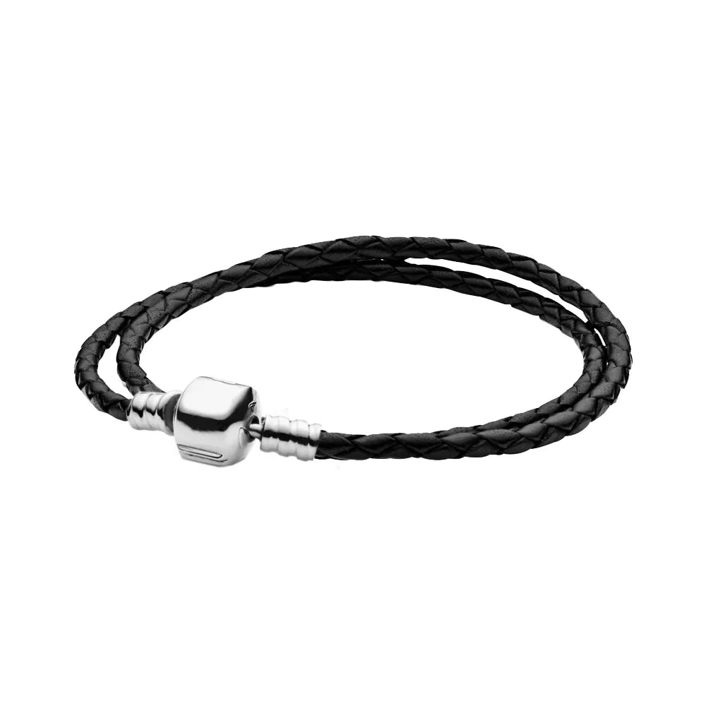925 Sterling Silver Double Black Leather Bracelet | Classic Fashion Jewelry Gift for Women